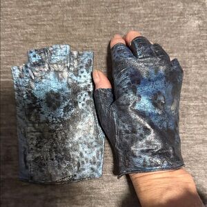 Elegant Vintage Leather Black and Blue Fingerless Gloves Hand Printed Shimmering